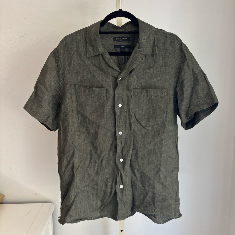 Men’s Banana Republic Olive Green Linen Short Sleeve Collared Shirt Slim Fit, M